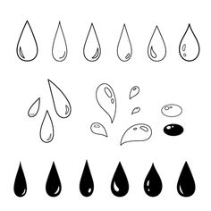 a set of black and white raindrops on a white background, each with different shapes