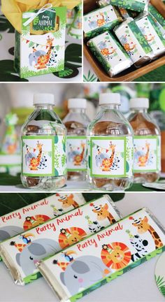 an animal themed baby shower party with jungle animals and water bottle labels on the table