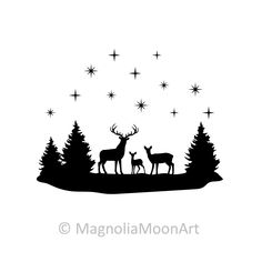 an image of two deer in the night sky with stars above them and trees below