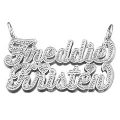 *Sterling Silver couple name double plate pendant necklace. All letters finished in diamond accent. This fashionable pendant is great gift for couple. *Name Thickness: Top .9 mm / Bottom .7 mm Approx. *Size: 1 3/4 Inch (4.5 cm) X 7/8 Inch (2.2 cm) Approx. *Rolo Chain is optional for this item, split and attached on name pendant when you add chain. *All my personalized jewelry made in Los Angeles CA USA (925 USA hallmark on back of the item). Silver Engraved Name Necklace For Anniversary, Engraved White Gold Name Necklace For Anniversary, Silver Diamond Name Necklace For Anniversary, Anniversary White Gold Name Necklace, Engraved Pendant Jewelry For Anniversary, Personalized Silver Name Necklace For Anniversary, Anniversary White Gold Name Pendant Necklace, Anniversary Engraved Pendant Jewelry, Silver Custom Name Necklace For Anniversary