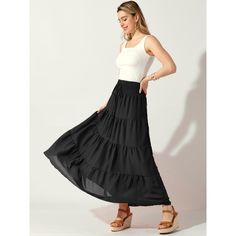 No matter what body type you are, this must-have skirt is a perfect choice for your summer and spring. Simple solid-colored design will never be out of date, the timeless maxi boho skirt is suitable for dates, school, travel, parties, beach, vacations, and daily casual. This is such a pretty skirt, with a lightweight fabric, swing, and flowy hem, easy to match with crop tops, boho tops, t-shirts, long-sleeve blouses, cardigans, and bikinis. Beach Maxi Skirt, Pretty Skirt, Pretty Skirts, Boho Skirt, Tiered Maxi Skirt, Beach Vacations, Boho Skirts, Slip Skirt, Boho Summer