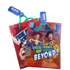 two small bags with toy story characters on the front and one has a tag that says, special friends and beyond