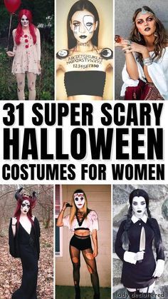 the cover of 31 super scary halloween costumes for women, with images of different people