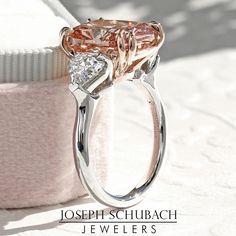 Style 104641: Three Stone Peachy Pink and Kite Diamond Ring – Joseph Schubach Jewelers Kite Diamond, Cushion Cut Diamond, Cushion Cut Diamonds, Pink Jewelry, Three Stone Rings, Peachy Pink, Three Stone