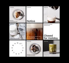 a calendar with pictures of food and drinks on it's side, including coffee