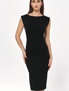 A straight cut dress in irreplaceable black, which sits perfectly on the figure. It has a classic round neckline at the front and a v-neck at the back. The knee-length dress looks good especially when paired with a stiletto heel. The dress is tightly fitted and has no lining. Straight Cut Dress, La Fashion, Straight Cut, Knee Length Dress, Round Neckline, Day Dresses, Knee Length, Stiletto Heels, Spandex