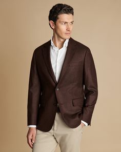 100% wool, Woolmark certified, Available in slim fit only, Straight flap pockets with chest pocket, Single breasted two-button fastening, Four-button non working cuff with natural sustainable buttons, Lighter shoulder pad for a natural silhouette, Body Lining: 52% polyester, 48% viscose, Double back vent, Dry clean only - Wool Texture Jacket - Chocolate Brown | Men's Charles Tyrwhitt Texture Jacket - Chocolate Brown Size 36R Wool Brown Suit Jacket Outfit Men, Business Brown Tweed Jacket With Patch Pockets, Brown Tweed Jacket With Patch Pockets For Business, Brown Business Blazer With Patch Pockets, Formal Brown Sport Coat With Patch Pockets, Tailored Brown Blazer With Patch Pockets, Brown Sport Coat With Notch Lapel And Patch Pockets, Wool Sport Coat With Notch Lapel And Patch Pockets, Brown Sport Coat With Patch Pockets And Notch Lapel