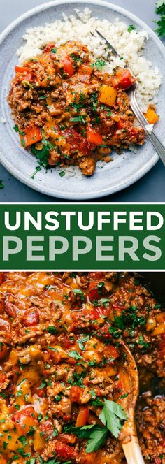 two pictures with different types of food and the words unstufffed peppers on them