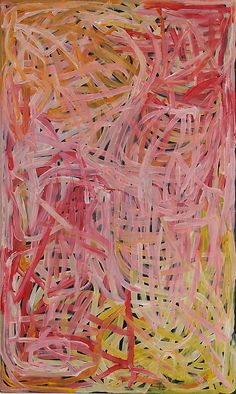 an abstract painting with pink, yellow and red lines in the center on a black background