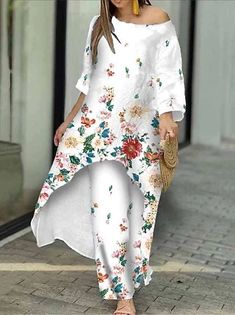 Women's Shirt Dress Casual Dress Swing Dress Maxi long Dress Outdoor Office Daily Polyester Fashion Modern Shirt Collar Button Pocket Long Sleeve Spring Fall Loose Fit Floral Leaf 2024 - $43.99 Summer Loungewear, Wide Leg Pant Suit, Shirt Pant Set, Woman Suit Fashion, Long Pullover, Floral Outfit, Loose Outfit, Pants Pattern, Vintage Streetwear