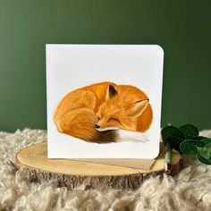 a card with an image of a sleeping fox on it