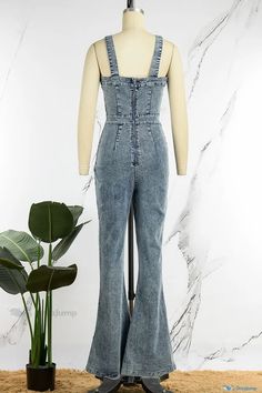 OrcaJump - Stylish Blue Casual Patchwork Denim Jumpsuit with Spaghetti Straps and Backless Design - High Waist, Sleeveless, and Solid Color High Waist Fitted Overalls With Suspenders, Fitted High Waist Overalls With Suspenders, Blue Non-stretch Sleeveless Denim Jumpsuit, Sleeveless Stretch Denim Jumpsuit In Medium Wash, Sleeveless Light Wash Denim Overalls, Fitted Denim Bottoms With Suspenders, Sleeveless Washed Blue Denim Jumpsuit For Summer, Non-stretch High Waist Denim Blue Jumpsuit, Non-stretch High Waist Denim Jumpsuit In Denim Blue