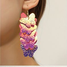 Brand New Dangle Earrings. They Are Large With Lots Of Butterfly Sequins That Are Iridescent. Every Time You Move The Shades Fluctuate From Pink To Purple To Blue. They Are Lightweight And Will Look Like The Butterflies Are Flying. Multicolor Butterfly Earrings For Party, Purple Earrings For Summer Party, Summer Party Purple Earrings, Sequin Earrings, Iridescent Butterfly, Purple Blue Color, Spiritual Entrepreneur, Pink Purple Blue, Diy Hair Accessories