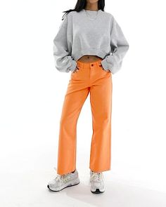 Jeans by Noisy May Petite Out of the blue, into the hue Wide leg Mid rise Belt loops Five pockets Casual Cropped Wide Leg Pants For Fall, Relaxed Fit Orange Pants With Pockets, Orange Relaxed Fit Pants With Pockets, Orange Baggy Bottoms For Spring, Spring Orange Baggy Bottoms, Cropped Wide Leg Cotton Pants For Fall, Cropped Cotton Wide Leg Pants For Fall, Orange Straight Pants With Pockets, Trendy Orange Cotton Bottoms