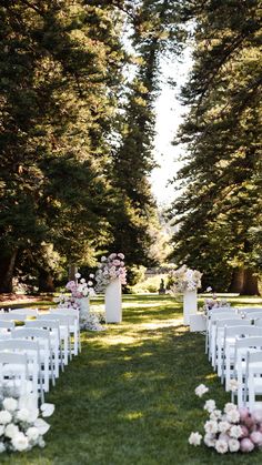 an outdoor ceremony setup with white chairs and flowers on the aisle, surrounded by tall trees