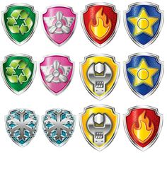 six different colored shields with symbols on them