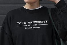 Custom College Sweatshirt - Fully customised to your needs. Show off your school spirit and add your school or department underneath, or put anything else you want on it! Choose from a variety of designs and colours. This listing is for embroidered Sweatshirts only - we do tees, hoodies (Extras: Hoodie upgrade (+6GBP totes and more so check our shop! We also do printed options - all available in our shop! Any special design requests, just let us know! Standard embroidery is across the chest (app University Logo Sweatshirt For College, University Logo Sweatshirt For Campus, Collegiate Cotton Sweatshirt With University Logo, College Sweatshirt With University Logo For School Spirit, University Logo Sweatshirt For School Spirit, School Spirit Sweatshirt With Letter Print For College Events, Collegiate Campus Sweatshirt With Text Print, Collegiate Sweatshirt With Text Print For Campus, College Logo Print Sweatshirt