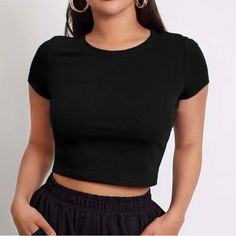 Brand New In Original Packaging Color: Black Size: Medium (6) Rib-Knit 67% Polyester, 30% Viscose, 3% Elastane Black Ribbed Crew Neck Crop Top, Non-stretch Ribbed Black Tops, Black Non-stretch Ribbed Top, Black Seamless Crop Top For Fall, Basic Plain Crop Top, Black Short Sleeve Crop Top For Fall, Black Solid Color Crop Top, Black Ribbed Cropped Top, Basic Black Solid Color Top