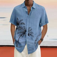 White Men's Linen Shirt Summer Shirt Beach Shirt Turndown Summer Short Sleeve White Pink Blue Tree Casual Daily Clothing Apparel Print Light Blue Casual Collar Shirt For Beach, Blue Casual Collar Top For Beach, Light Blue Casual Collar Top For Vacation, Blue Casual Collar Tops For Vacation, Blue Vacation Tops With Casual Collar, Blue Tops With Casual Collar For Vacation, Light Blue Collared Shirt For Vacation, Blue Casual Collar Shirt For Vacation, Printed Shirt For Vacation With Casual Collar