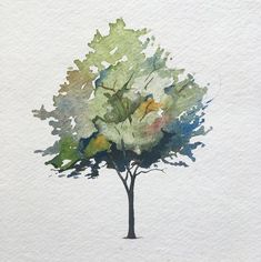 a watercolor painting of a tree with green leaves