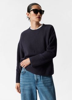 Relaxed Fit Knitted Sweater Layered Sweater, Long Sleeve Knit Sweaters, Navy Sweaters, Ribbed Neckline, Fashion Story, Knit Jumper, Jumpers And Cardigans, Cozy Sweaters, Knitted Sweater