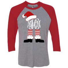 We are loving this Santa Legs Monogram raglan baseball tee! Perfect for all of your holiday festivities this year.  Pair with jeans and booties for the cutest look that is sure to keep you comfy all day!*5.2-ounce, 100% ring spun combed cotton*Rib knit neck*3/4 raglan sleeves*Covered hem* Unisex sizing Monogrammed Christmas Shirts, Christmas Monogram Shirt, Personalized Christmas Shirts, Monogram Shirts, Christmas Monogram, Cute Shirt Designs, Santa Shirts, Xmas Shirts, Vinyl Shirts