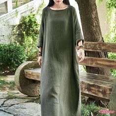 Qteee - Vintage-inspired Cotton and Linen Long-sleeved Robe Dress with Mandarin Collar Casual Cotton Maxi Dress With 3/4 Sleeves, Casual Half Sleeve Maxi Dress For Fall, Casual Green Tunic Dress, Green Casual Half Sleeve Dress, Casual Green Half Sleeve Dress, Casual Non-stretch Crew Neck Dress, Casual Crew Neck Maxi Dress For Spring, Casual Long Sleeve Non-stretch Maxi Dress, Casual Oversized Half-sleeve Dress