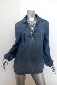 FRAME Shirt Lace-Up Blouse Hadley Chambray Denim Size Small Long Sleeve Top - Pre-loved. Good condition. Top seam has pulled apart below right underarm. No other flaws. Retails for $249! Fall Cotton Denim Top, Long Sleeve Denim Tops For Summer, Casual Dark Wash Blouse For Spring, Dark Wash Stretch Tops For Fall, Stretch Denim Blue Top For Spring, Medium Wash Long Sleeve Summer Blouse, Long Sleeve Chambray Denim Top In Washed Blue, Long Sleeve Medium Wash Blouse For Summer, Summer Long Sleeve Denim Blouse