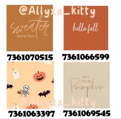 four different halloween greeting cards with the words hello kitty written in orange, white and black