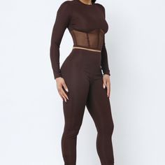 Color: Chocolate Long Sleeve Crop Top, Sheer Bottom Half Rib And Mesh Contrast Corset Style Side Tunnel Shirring Tie Leggings Slight Stretch - Top Stretchy - Leggings Runs Slightly Small, Size Up Grey Lululemon Leggings, Black Workout Leggings, Thick Leggings, Nike Pro Women, Christmas Leggings, Color Chocolate, Stretchy Leggings, Top Pants Set, Stretch Top