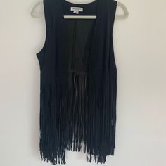 Never Worn Bought At Bloomingdales Fringe Detailing All On Bottom Chic Black Outerwear With Fringe, Fitted Black Outerwear With Fringe, Fitted Black Fringe Outerwear, Black Vest, Red And White, Jackets & Coats, Jackets For Women, Red, Women Shopping