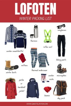 a poster with the words lofoten winter packing list written in red and white