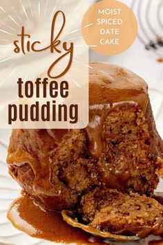 sticky toffe pudding on a white plate with caramel drizzle and text overlay