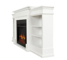 a white book shelf with a fire in it