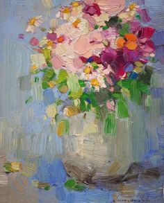 an oil painting of flowers in a vase