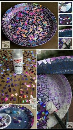 the instructions for how to make a mosaic glass tray with paint and glitter on it