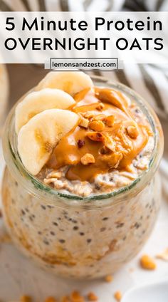 an oatmeal with bananas and peanut butter on top is in a glass jar