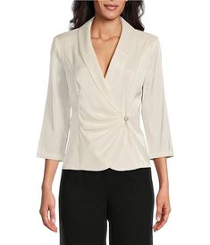 Alex Evenings 3/4 Sleeve Collar Neck Shimmer Satin Blouse | Dillard's Elegant Office Tops With 3/4 Sleeves, Elegant 3/4 Sleeve Workwear Blouse, Elegant 3/4 Sleeve Blouse For Work, Elegant Formal Blouse With 3/4 Sleeves, Elegant Fitted Top With Half Sleeves, Fitted 3/4 Sleeve Formal Tops, Formal Fitted 3/4 Sleeve Tops, Fitted Formal Top With 3/4 Sleeves, Formal Fitted Top With 3/4 Sleeves