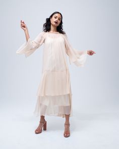 This effortless silk chiffon dress features a romantic double layer cascade in the bodice and sleeve, and a stretch oval neckline that can be worn over the shoulder. Wear it loose as a whimsical party dress, or belt it for a sleek cocktail look. Handmade in New York. 100% silk chiffon Model is wearing a size S and is 5'10" Product Care: Dry Clean Only Sheer Ethereal Spring Dresses, Ethereal Sheer Dresses For Spring, Chic Silk Chiffon Midi Dress For Spring, Spring Chic Silk Chiffon Midi Dress, Elegant Summer Midi Dress With Sheer Sleeves, Flowy Chiffon Dress With Sheer Sleeves, Elegant Midi Dress With Sheer Sleeves For Casual Wear, Elegant Midi Dress With Sheer Sleeves For Dress Down, Elegant Midi Dress With Sheer Sleeves For Casual Occasions