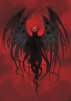 an image of a demon with wings on his head and eyes in the sky, surrounded by red clouds