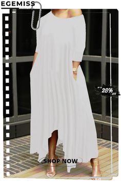 Fashion Solid Asymmetrical Oblique Collar Long Dresses Collar Maxi Dress, Casual Wear Dress, Dresses By Length, Hip Dress, Long Dresses, Batwing Sleeve, White Fashion, Long Maxi Dress, Women's Fashion Dresses