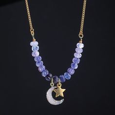 Natalie of NYC handcrafted the dreamy blue gemstones and sparkling crystals to decorate this celestial necklace. The necklace features a druzy moon, a brass star charm, and periwinkle ombre quartz. 18'' long, 1'' ext., 1'' pendant, lobster clasp. Limited edition of 14. Celestial Necklace, Different Outfits, Blue Gemstones, Book Inspiration, Sparkling Crystal, Star Charms, Druzy, Lobster Clasp, Limited Edition