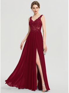 A-Line V-neck Floor-Length Chiffon Evening Dress With Sequins (017167718) - JJ's House Red Lace A-line Dress, Red Floor-length Dress With Lace Bodice, Elegant Floor-length Burgundy Evening Dress, Burgundy Floor-length Evening Dress, Burgundy Floor-length Evening Maxi Dress, Red Long Sleeve Dress, Ball Gowns Princess, Chiffon Evening Dresses, Satin Prom Dress