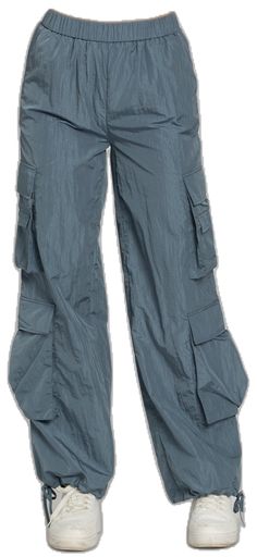 Blue Full Length Cargo Pants With Multiple Pockets, Blue Full-length Cargo Pants With Multiple Pockets, Blue Cargo Parachute Pants For Streetwear, Blue Cargo Pocket Parachute Pants For Streetwear, Blue Baggy Cargo Parachute Pants, Wide Leg Nylon Parachute Pants With Cargo Pockets, Blue Nylon Bottoms With Side Pockets, Nylon Wide Leg Parachute Pants With Cargo Pockets, Blue Full-length Parachute Pants With Side Pockets