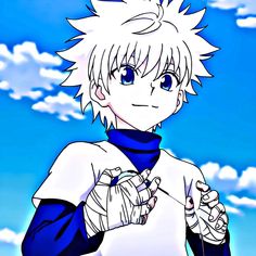 an anime character with white hair and blue eyes holding something in one hand while looking at the camera