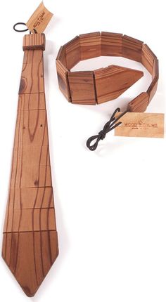 a wooden tie and lanyard on a white background