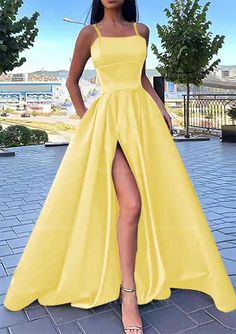 A Line Square Neckline Spaghetti Straps Long Floor Length Satin Prom Dress Outfits For Women With Split Pockets Yellow A-line Prom Dress, Yellow Gown With Fitted Bodice Sleeveless, Yellow Sleeveless Gown With Fitted Bodice, Yellow A-line Maxi Dress For Wedding, Yellow Prom Dress With Sweep Train, Yellow Floor-length Dress With Sweep Train, Yellow Spring Prom Gown, Prom Dress Gold, Sweep Train Prom Dress