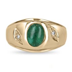 A beautiful three-stone, natural emerald cabochon, and diamond ring. The center stone cabochon has a full 1.36-carats, with a dark green color and very good luster. Accenting the cabochon are two petite brilliant round diamonds. This one-of-a-kind ring is in 10K yellow gold, with a satin finish going halfway down the band giving it the perfect touch. Setting Style: Three-Stone Setting Material: 10K Yellow Gold Gold Weight: 5.8 Grams Main Stone: Emerald Cabochon Shape: Oval Cut Weight: 1.36-Carat Diamond Mens Ring, Emerald Cabochon, Diamond Three Stone Ring, Three Stone Ring, Ring Mens, Cabochons Stones, Stone Setting, Mens Ring, Ring Oval