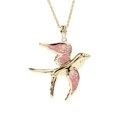 We bring you this delightful pendant. Demonstrating this beautiful Swallow bird at its best – in flight. It is indeed a real find. Hand crafted from sterling silver and luxuriously plated in a choice of 18k yellow or rose gold. Finally precision inlayed with delicate pink mother of pearl. A perfect gift for anyone to mark a celebration. Yellow Gold Bird Design Pendant Jewelry, Flying Swallow, Swallow Bird, Book Jewelry, Yellow Gold Pendants, Gold Pendant, Time Piece, Or Rose, Mother Of Pearl