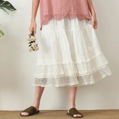 One size: length 80cm, waist 62-112cm, hip126cm. Notes:Error within 3cm due to manual measurement(Unit:cm, 1 inch= 2.54 cm, 1 cm= 0.39 inch) Lace Tiered Skirt Bottoms With Lace Patchwork, White Lace Patchwork Long Skirt, Bohemian Tiered Skirt Bottoms With Lace Patchwork, Tiered Cotton Skirt With Lace Trim, Cotton Tiered Skirt With Lace Trim, Flowy Tiered Skirt With Lace Patchwork, Spring Lace Skirt With Ruffle Hem, Summer Lace Patchwork Skirt, Flowy Lace Patchwork Tiered Skirt